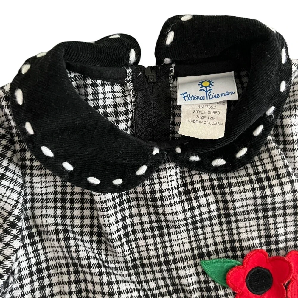 Florence Eiseman 12M Black White Plaid Peter Pan Collar Red Floral Holiday Dress